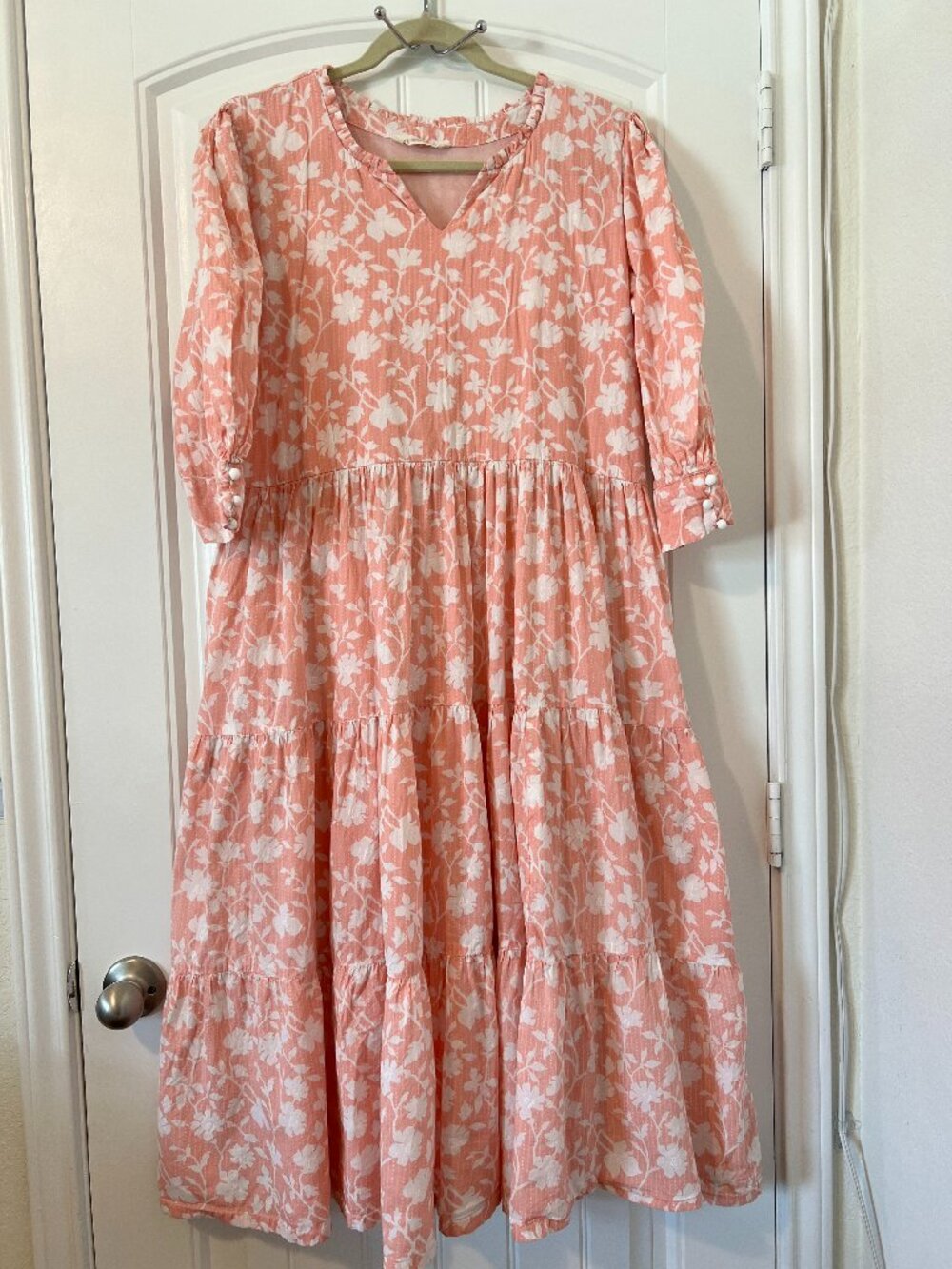 Peachy Pink Floral Tiered Flowy Maxi Dress Boho with‎ Pockets Plus Size 4XL